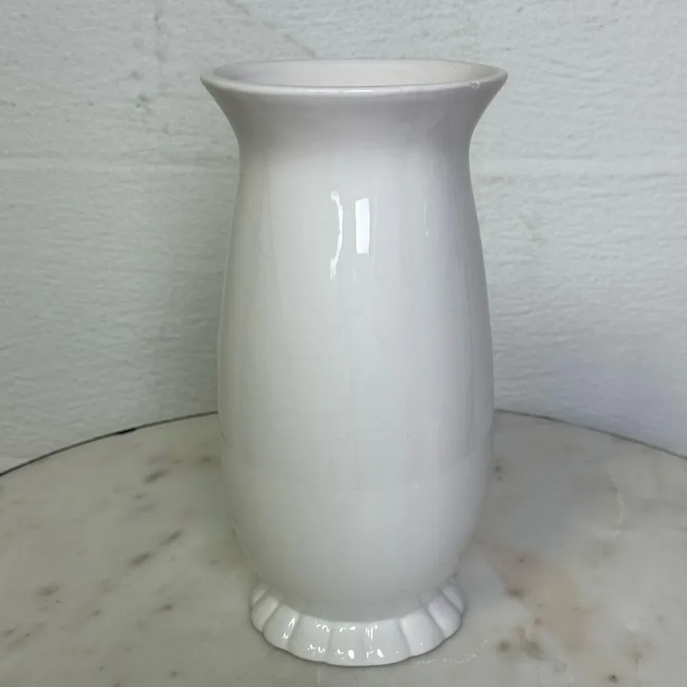 White Ceramic Vase Embossed Floral Pedestal Base Classic Decor 9 Inch